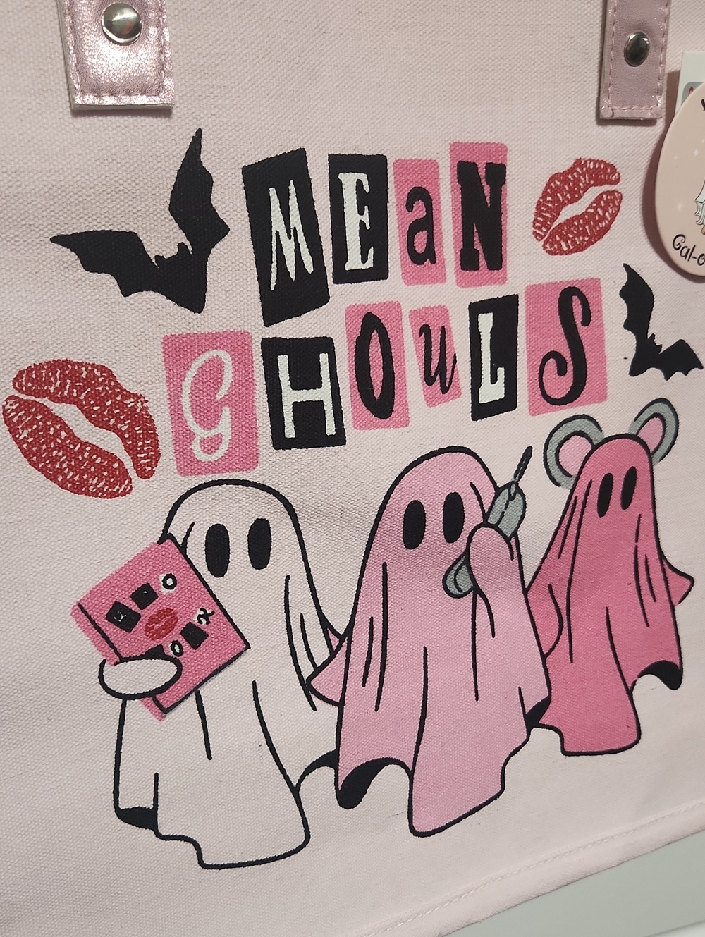 NWT Ghost Canvas Tote Bag Mean Ghouls Pink - Picture 2 of 5
